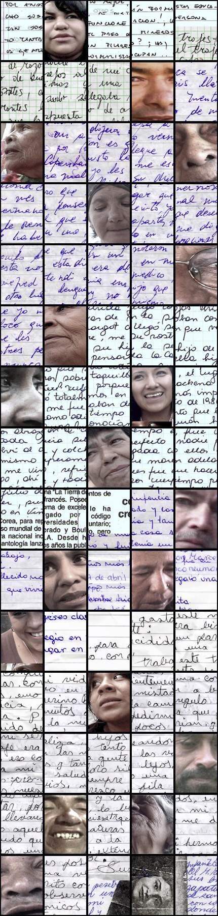 Cinta de setenta y cinco celdas con cartas manuscritas del Archivo de los Habitantes de Chile, 1999, y rostros de las entrevistas de Chile y México, en cinco columnas.